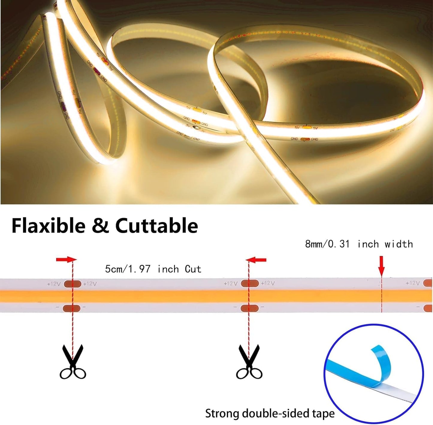 MDee COB LED Strip Light 4000K Nature White USB Powered 5V, 3.28ft/1m, CRI 90+, 800LM/m, 320 LEDs