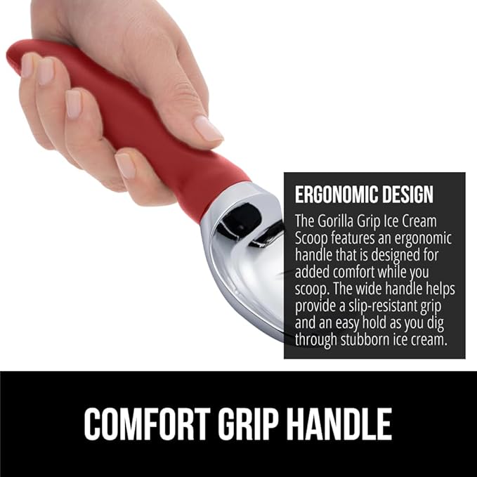 GORILLA GRIP BPA-Free Heavy Duty Ice Cream Scoop, Comfortable Ergonomic Handle, Professional Grade Scooper for Perfect Round Scoops, Spoon Frozen Hard Gelato, Sorbet, Cookie Dough, Kitchen Tool, Red