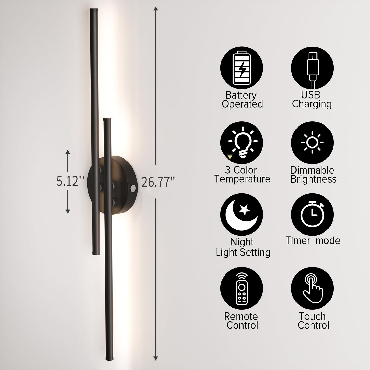 Floisdace Wall Sconce Set of Two, 8000mAh Battery Operated, Dimmable LED, 3 Colors 3000K-6000K, Wireless, Black, Model