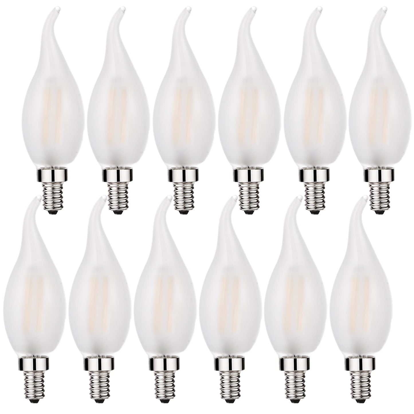Beonllay LED Candelabra Bulb 2W Dimmable 12 Pack Soft White Frosted Glass E12 Base 3000K