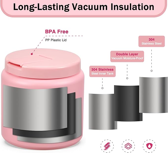 26oz Kids Jar for Hot Food, Insulated Vacuum Food Jar with Buckle Lid, Stainless Steel Wide Mouth Leak Proof Insulated Lunch Container for School Picnic Travel, Pink