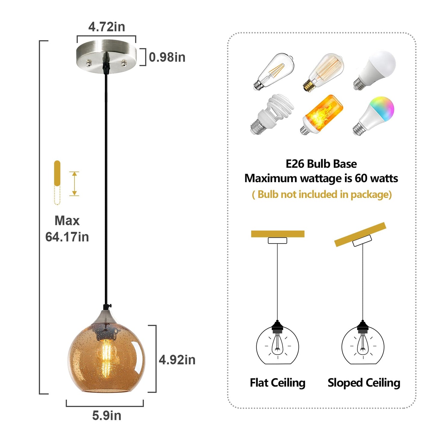 Lbsqj Amber Glass Pendant Lights Kitchen Island Globe Pendant Light Fixtures Modern Pendant Lighting For Bedroom Living Dining Room Light Fixture (5.9 In  2 Pack)
