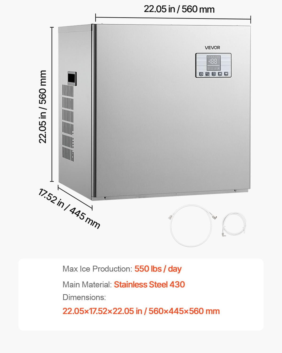 VEVOR Commercial Ice Maker Machine - Head, 550 Lbs/Day Stainless Steel Ice Machine with Scheduled Ice-Making, Self-Cleaning, Adjustable Thickness, Ideal for Restaurant Bar Cafe Hotel - Head Only