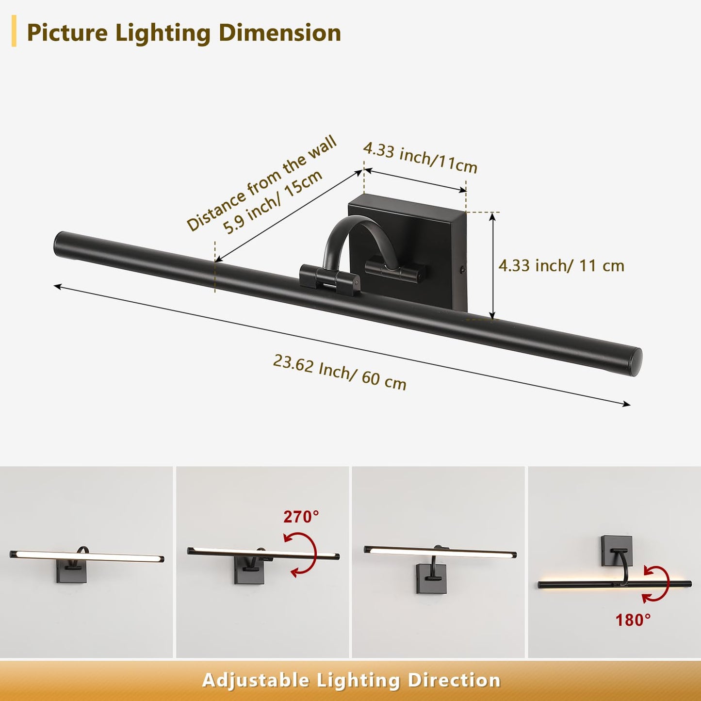 Desoop Black Picture Lights For Wall Hardwired Led Picture Lighting Dimmable Gallery Light Art Light For Wall Portrait Artwork 23.62 Inch 14W Warm White