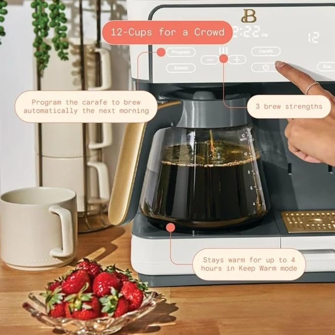 Beautiful by Drew Barrymore Multi-Brew Coffee Maker, 12-Cup Carafe + Single-Serve, Pods or Grounds, Over Ice, Touch Display. (White Icing)