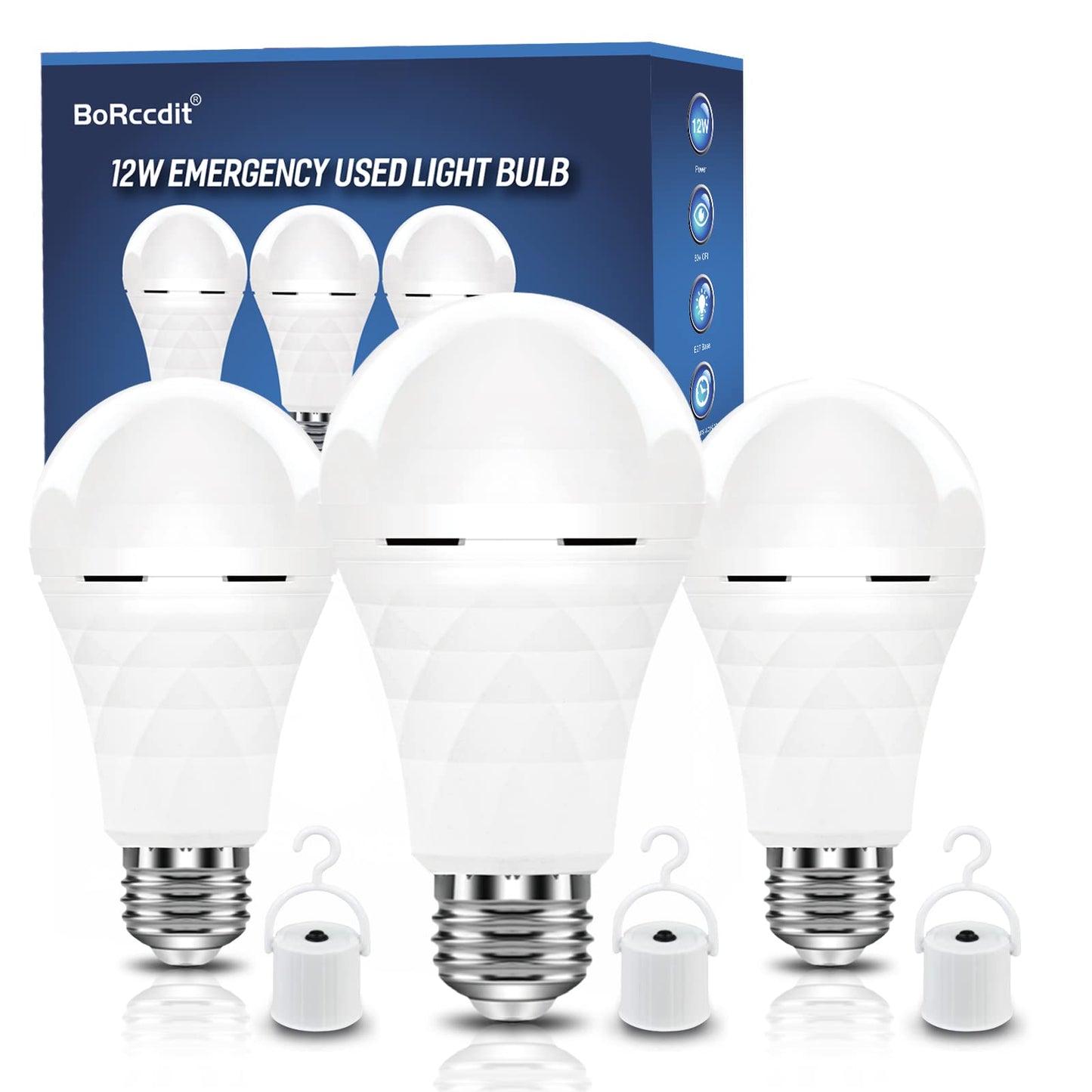 BoRccdit A19 Rechargeable Light Bulbs, 12W LED, 1200mAh, E26/E27, 5000K Daylight, 3 Count, ABS Material