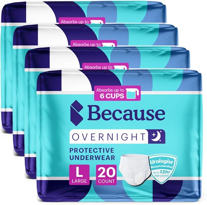 Because Overnight Absorbency Pull Ups - Adult Disposable Incontinence Underwear, Extra Absorbent Nighttime Briefs for Men and Women, White, Large, 80 Count (4 Packs of 20)