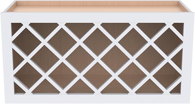 Solid Wood Wine Bottle Rack Wall Cabinet with Lattice Panels - Wine Holder and Storage for Bar, Pantry, Cellar - Mocha (White, 30'W 12'D 15'H)