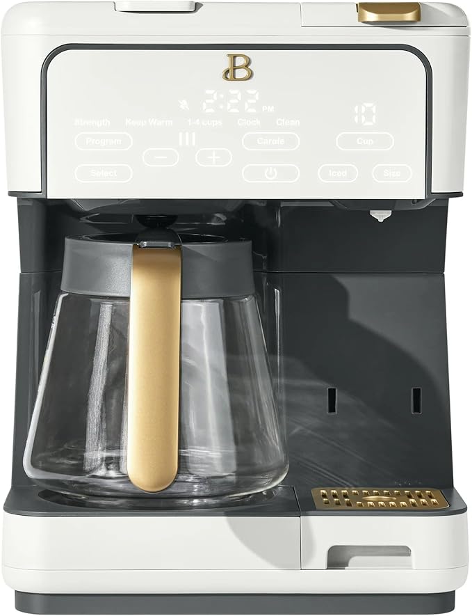 Beautiful Multi-Brew Drip Coffee Maker & Single Serve Machine, Glass Carafe, Keep Warm, Travel Mug Friendly, 3 brew settings, Touch-activated home and kitchen by Drew Barrymore (White)