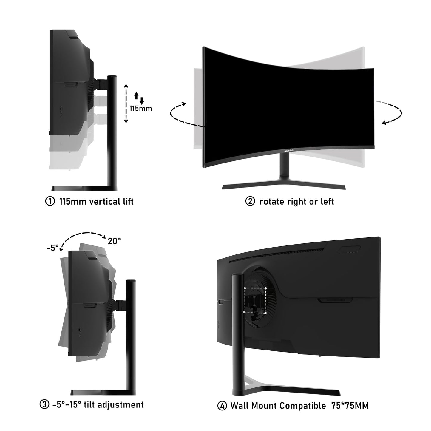 Gawfolk 34 Inch Ultrawide Curved 180Hz Gaming Computer Monitor 1000R PC screen 21:9 UWQHD (3440x1440) ,1ms,100%sRGB,Adaptive Sync,HDMI、Display Port,Liftable Stand,Wall Mount Compatible 75*75mm-Black