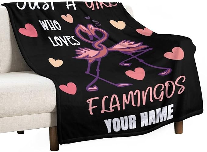 Custom Flamingo Throw Blanket Gifts with Name - 40 x 50 Inches Funny Throws for Kids - Black Fluffy Fuzzy Plush Blankets for Work