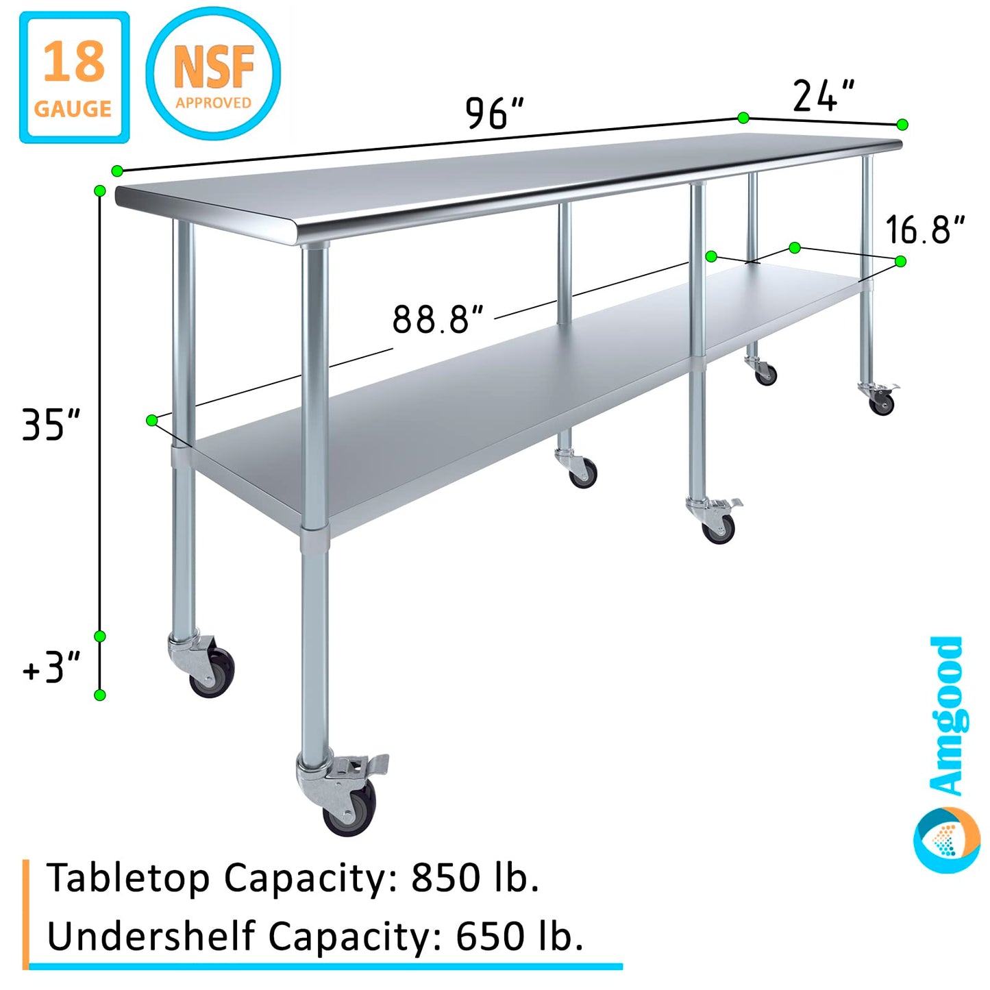 AmGood 24 in. x 96 in. Stainless Steel Work Table with Wheels | Metal Kitchen Food Prep Table | NSF
