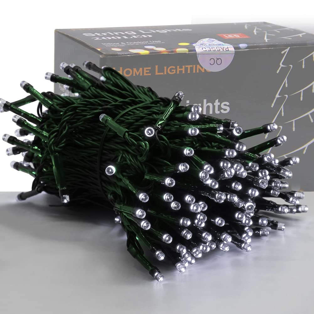 HOME LIGHTING 66ft Christmas Mini Lights, 200 LED, Green Wire, 8 Lighting Modes, Indoor Outdoor Decoration, White, Model HB-200COI