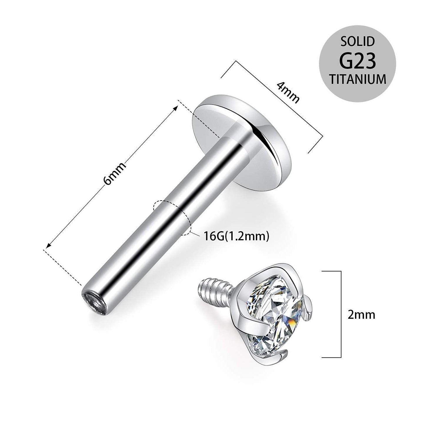 GAGABODY G23 Titanium 16G 2mm CZ Internally Threaded Labret Helix Cartilage Tragus Monroe Lip Studs Earring Piercing 6mm Labret