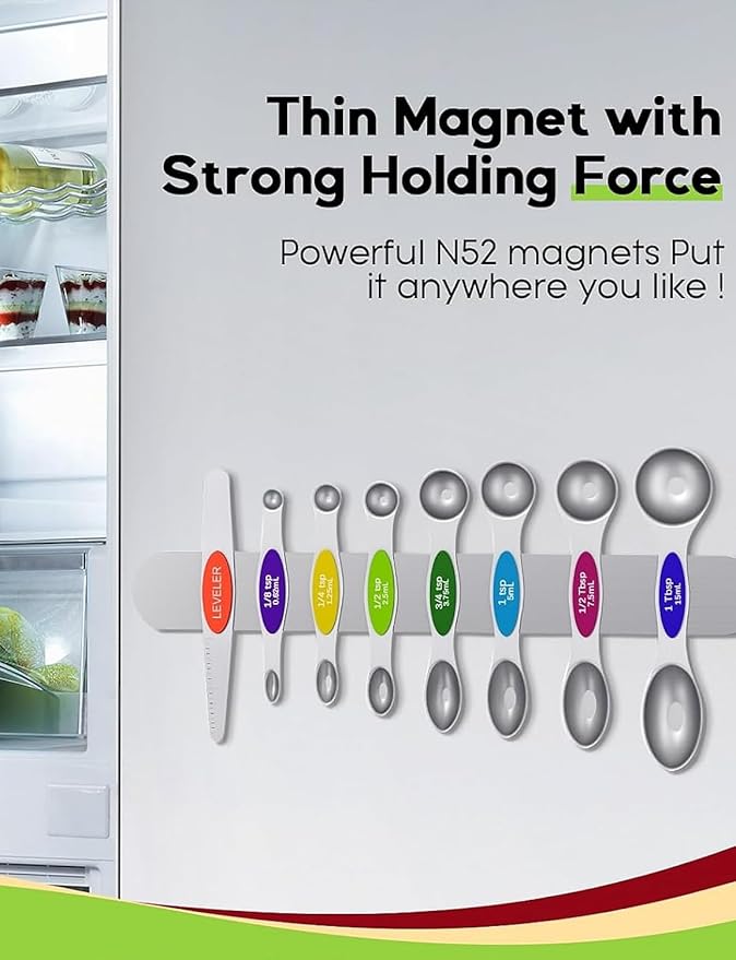 Premium Magnetic Measuring Spoons Set|Strong N52 Magnets|Heavy Duty Stainless Steel|Dual-Sided for Spice Jar & Liquid Measuring|Dishwasher Safe|7 Spoons with Leveler for Baking & Cooking (Colorful)