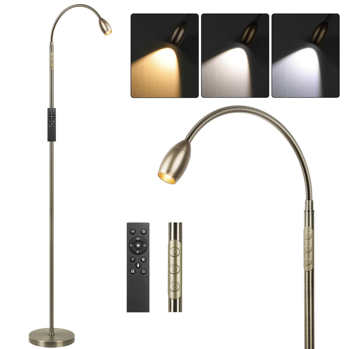 AUZONIMICS Reading Floor Lamp, 72in Tall LED, Dimmable Gooseneck, Bronze, Model FLL-007-F2