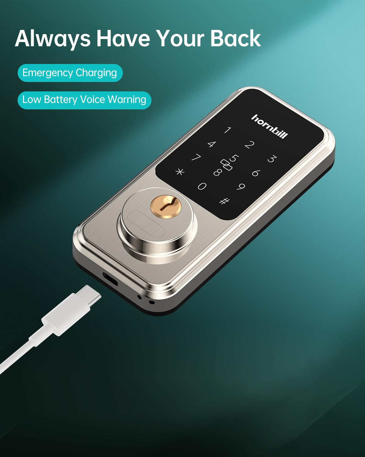 Smart Locks for Front Door, Hornbill Keyless Entry Door Lock Deadbolt with Handle Set, App Control, Touchscreen Keypad, Bluetooth Keyfobs Code Unlock, Satin Nickel