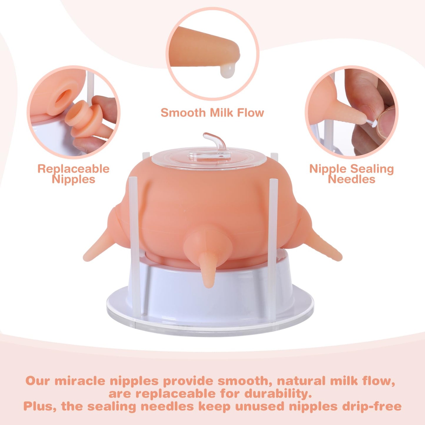 Elevonix Nursing Nipple Puppy Feeders for Multiple Puppies, 200ml Food-Grade Silicone with 4 Adjustable Detachable Nipples, Smooth Flow Nipple for Kitten Bottle Feeding Kit(Pink)