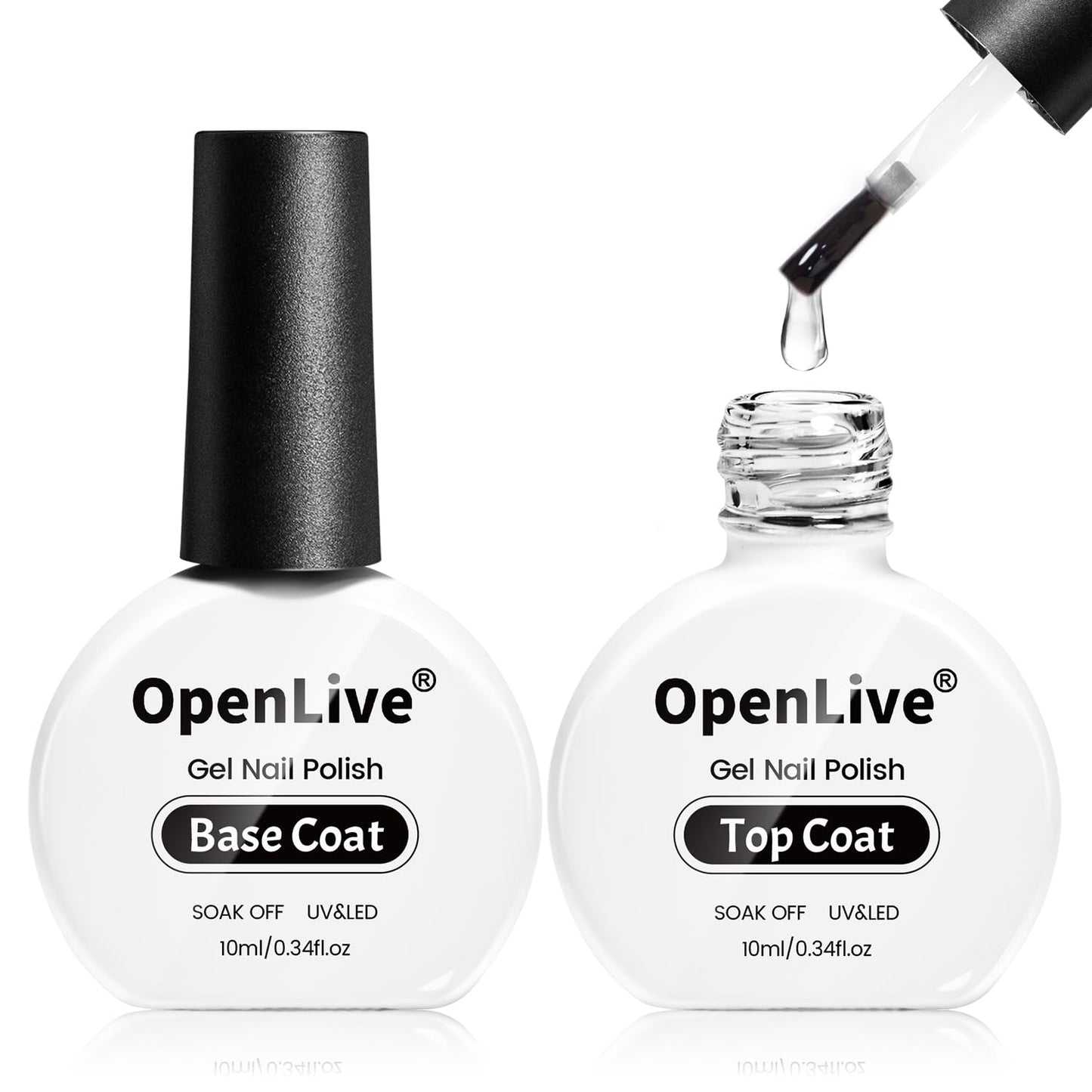 OpenLive 2 Bottle 10ml Gel Base Coat and Top Coat Set - No Wipe Quick Drying Long Lasting Glossy Gel Polish for Home DIY and Sal