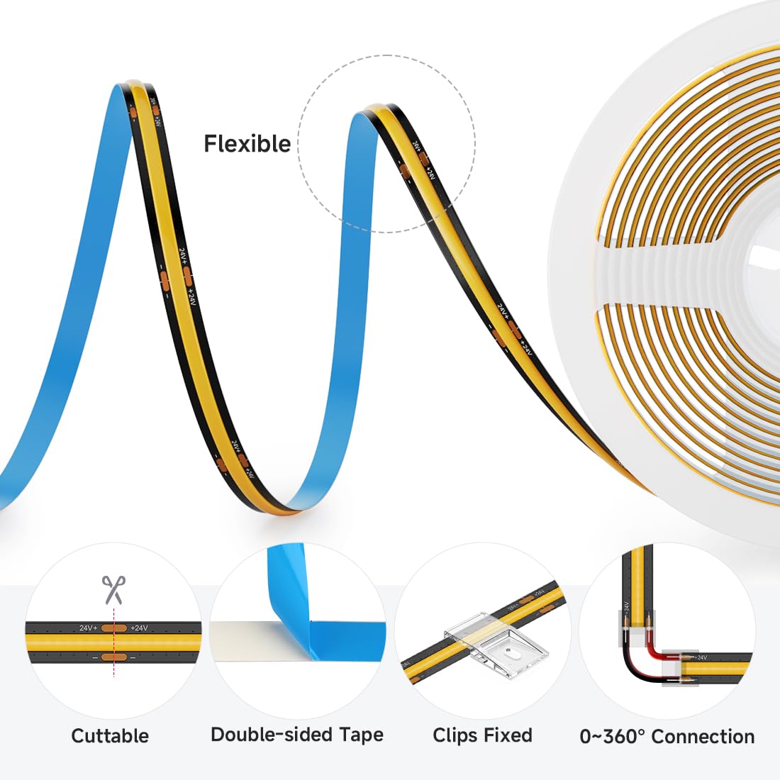 Btf-Lighting Fcob Cob Led Strip 528Led/M Dc24V Daylight White 6000K Flexible High Density Uniform Light 14W/M 16.4Ft Cri 90+ 10Mm Width Black Fpcb For Indoor Decor(No Adapter Or Controller)