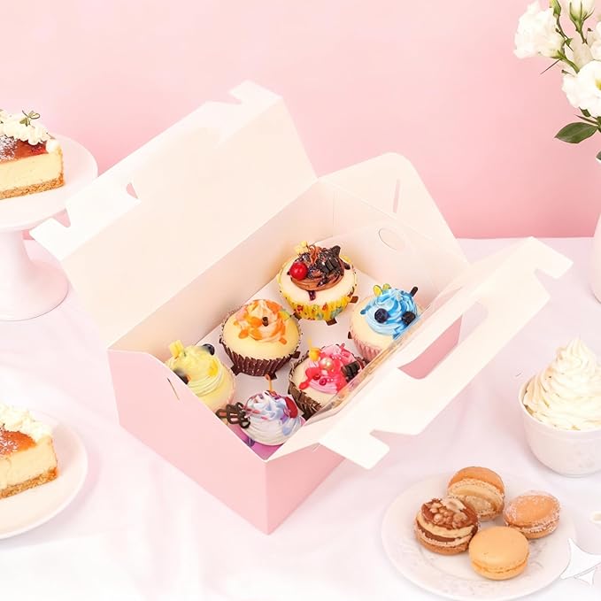 FORBFAN 50 Pcs Cupcake Boxes with Handles, 6 Count Muffin Boxes with Window, and Inserts, Cupcake Holders Bakery Carrier Boxes for Cookies Treats Dessert