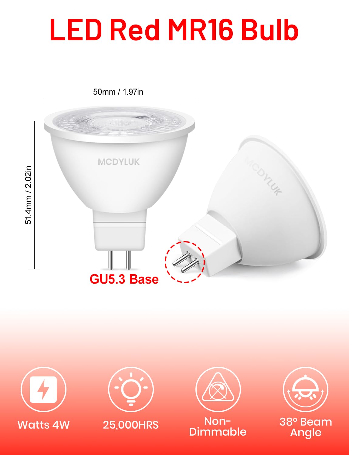 Mcdyluk Led Mr16 Red Light Bulb 4W  20W 35W 50W Halogen Equivalent  12V Low Voltage Gu5.3 Bi-Pin Led Red Bulbs For Christmas Outdoor Landscape Yard Garden Tree Pool Holiday Lighting  38 Deg  6 Pack