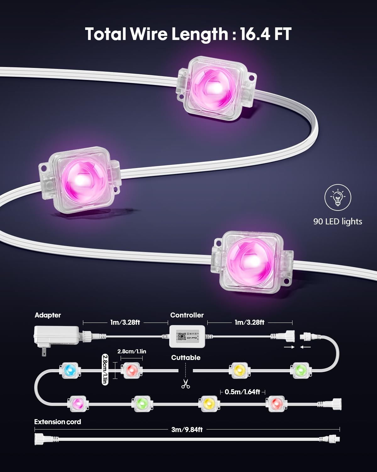 PIYOOPDR Smart RGB-IC Eave Lights, 150FT, Waterproof, 90LED, 4000K White & Multicolor, Model JG-001W-10