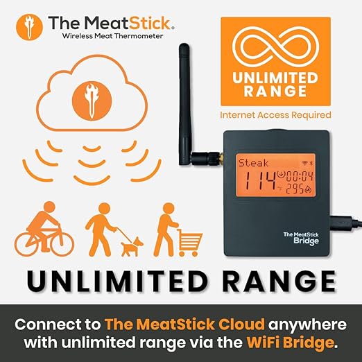 MeatStick 4X WiFi Travel Kit [Unlimited Range] | Quad Sensors Smart Wireless Meat Thermometer with Bluetooth | for Smoking, Grilling, BBQ, Air Fryer, Deep Frying, Oven, Sous Vide, Rotisserie