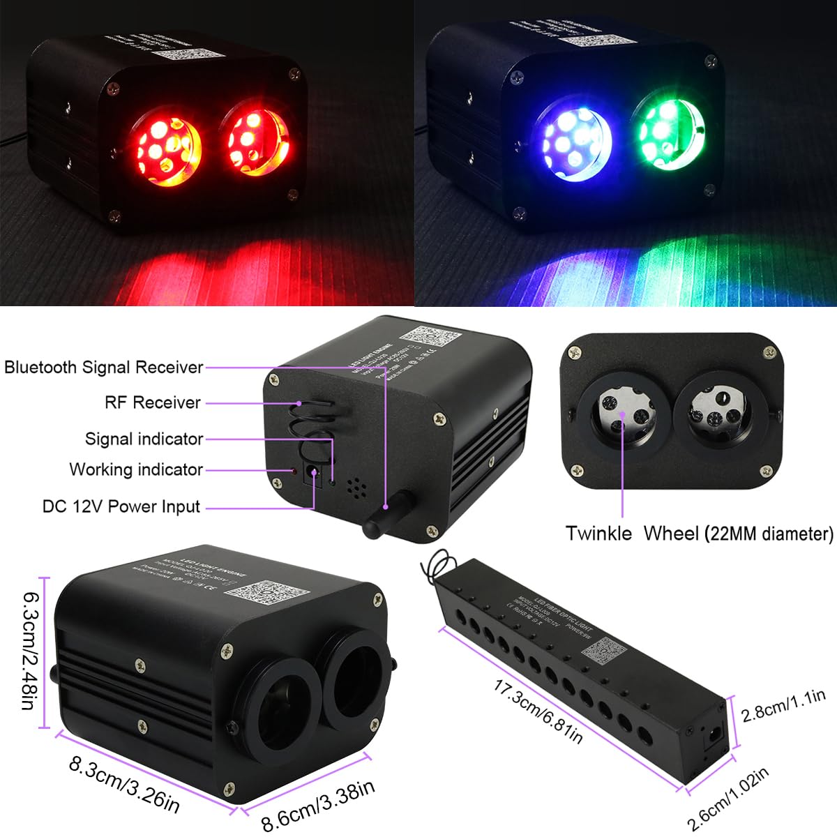 AZIMOM Dual Color Twinkle Fiber Optic Starlight Headliner Kit, 900pcs 0.03in 9.8ft, RGB, Model DUALCOLOR-888, Black