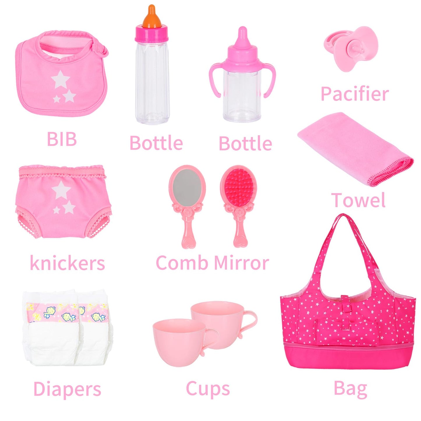ECORELF Baby Doll Accessorie, 13 Pcs Doll Stuff Acessories Storage Diaper Bag Set for 14-18 Inch Dolls, Feeding and Caring Set Includes Diaper, Bottle etc Suitable Pretend Play