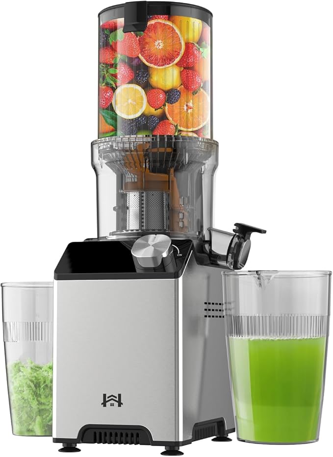 Cold Press Juicer, Juicer Machines with 4.35'' Wide Feed Chute, Stainless Steel Slow Masticating Juicers Easy to Clean, Ergonomic Operational Panel Design, High Juice Yield, Platinum Color Knob