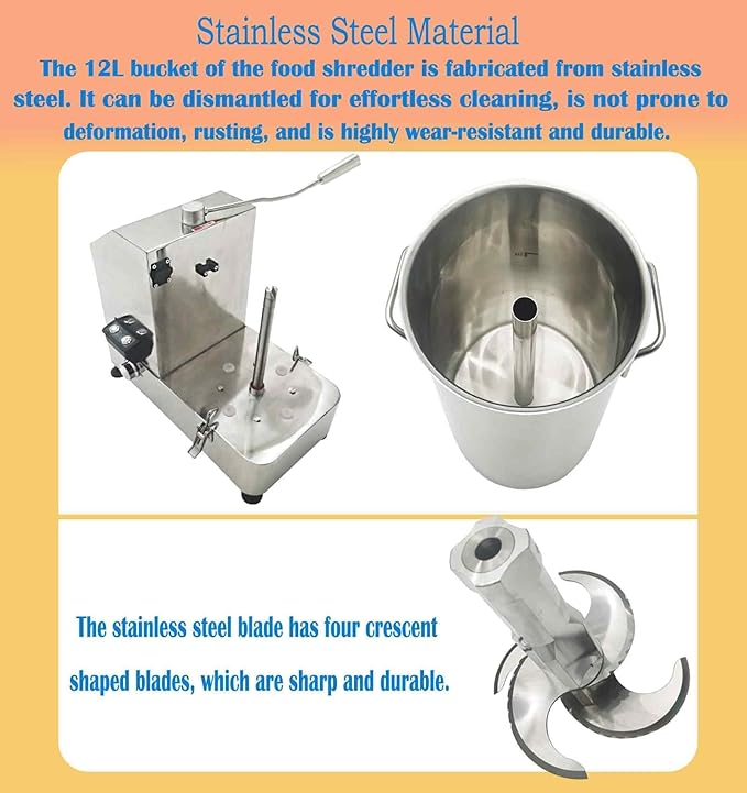 12L Commercial Food Processor, Stainless Steel Electric Meat and Vegetable Chopper 2000W, Adjustable Speed for Fruits Grains Peanut Ginger Garlic 110V