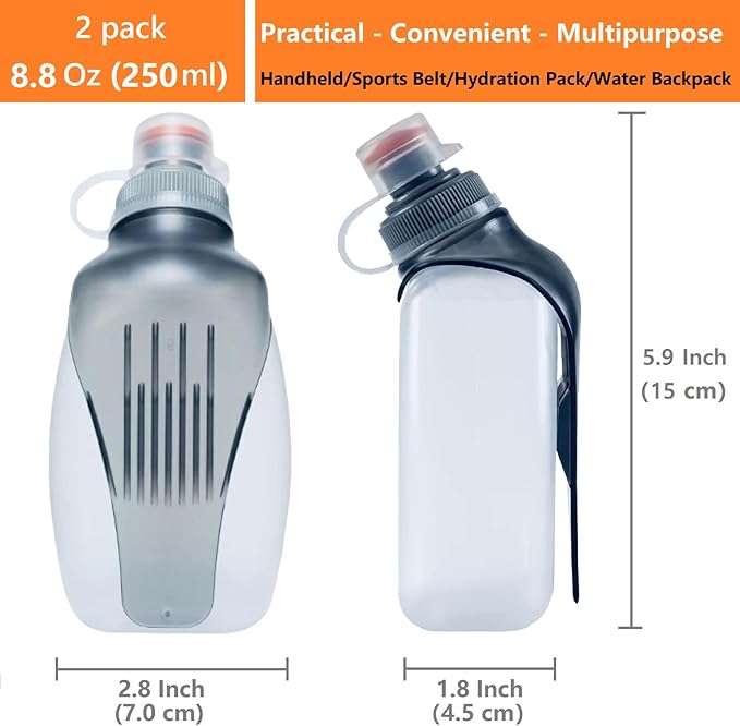 Water Bottle for Running No Bounce Water Bottle with Clip and Cover Cap,BPA-Free Plastic, 8.8oz (250ml) for Running/Marathon/Walking/Hiking/Cycling/Trail/Skiing (2 Pack)