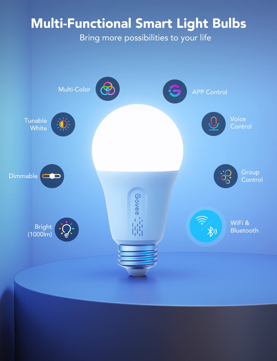 Govee LED Smart Light Bulbs, 1000LM Color Changing, Dimmable RGBWW, A19 75W Equivalent, Wi-Fi & Bluetooth, Multi-colored, 8 Pack