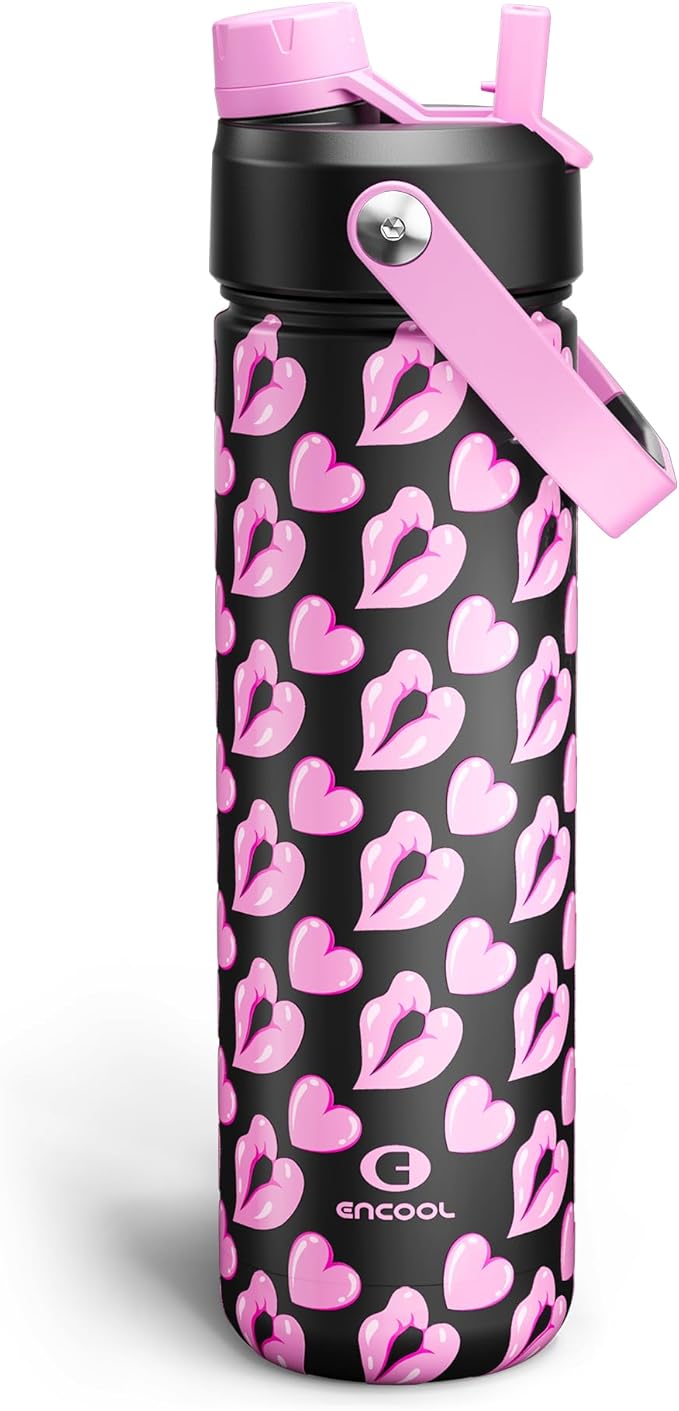 ENCOOL Valentine's Day Insulated Water Bottle with Straw Stainless Steel Water Bottle, Leak-Proof, BPA-Free, Keeps Cold for 24 Hours for Sports, Travel, School (26 oz, Kiss Love Violet x Black)