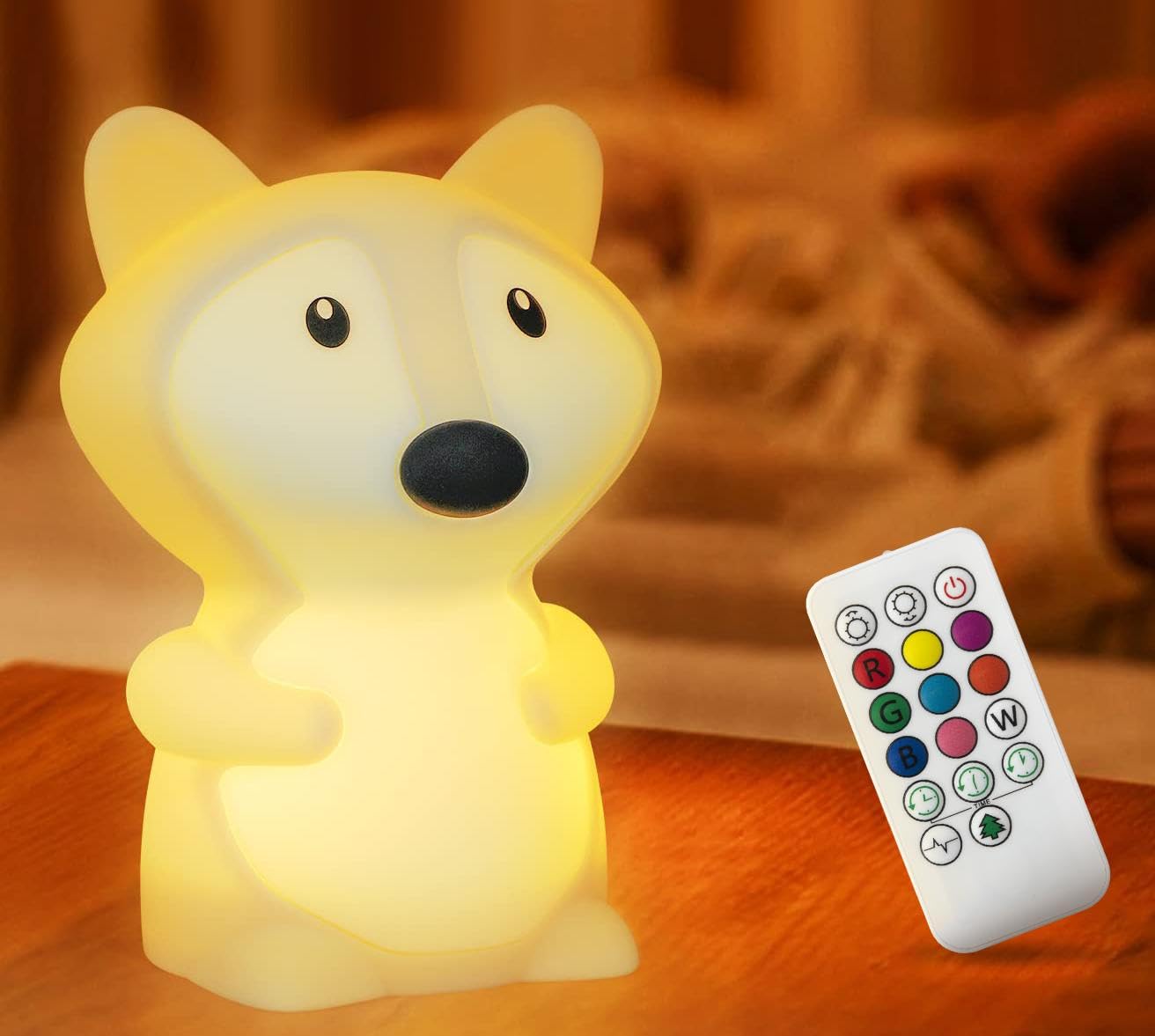 Shaarkmango Led Night Light - Portable Kids Desk Lamp, 9 Colors, Dimmable, Rechargeable, Soft Silicone, Fox Night Light