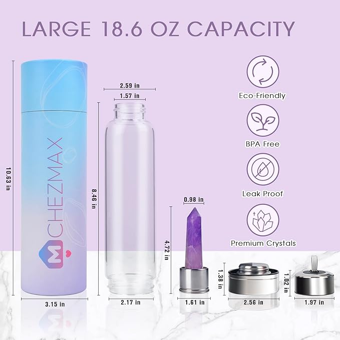 Crystal Water Bottle - Quartz Glass Water Bottle with Changeable Natural Crystal Center,Loose Natural Gem Leaf Tea Infuser Bottle, Gemstone Elixir Infused Glass Water Bottle with Sleeve Protective