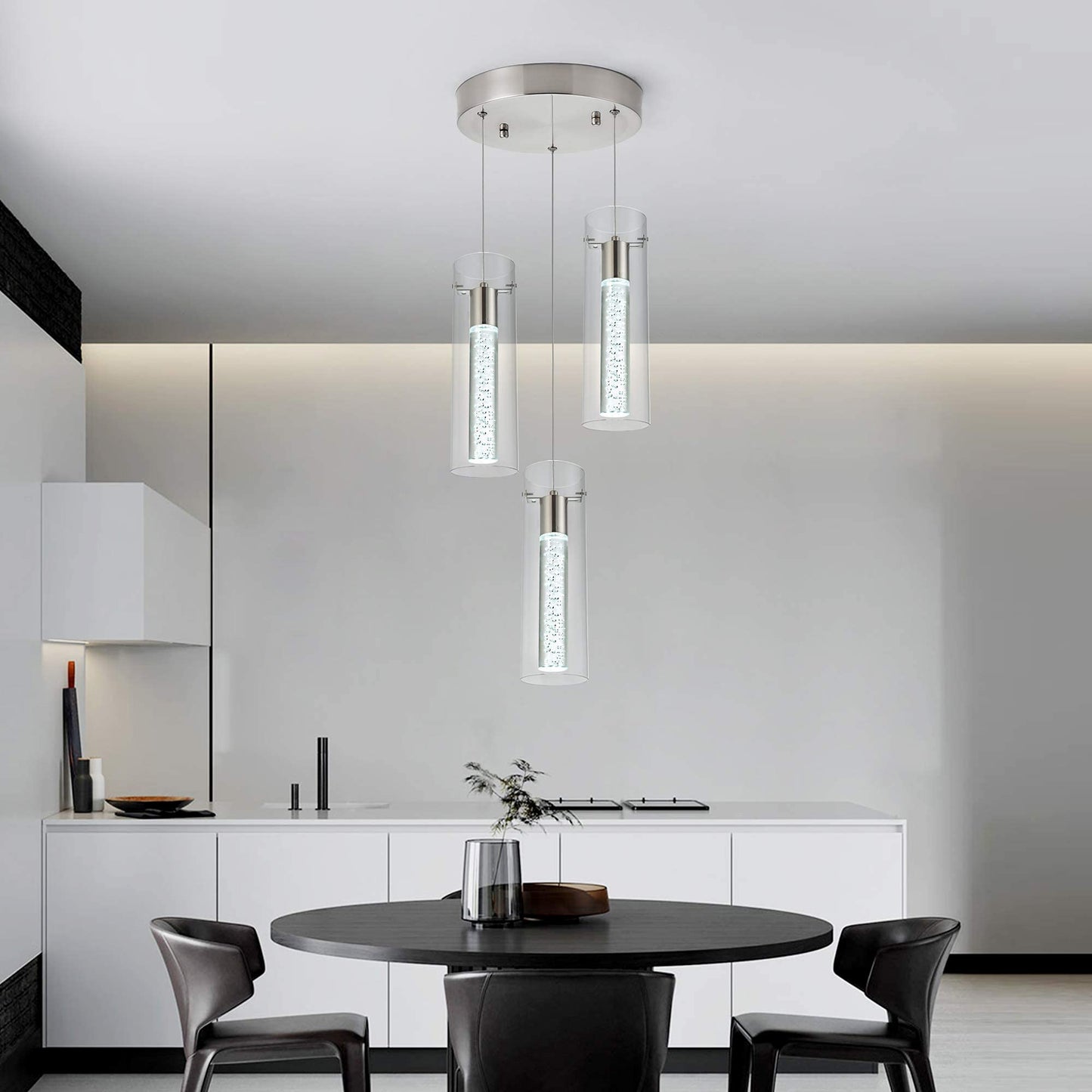 Votag Kitchen Lighting Pendant Fixtures 3-Light Led Pendant Ceiling Fixture Brushed Nickel Bubble Cylinder Pendant Light With Adjustable Length For Kitchen Island Dinning Room Bedroom