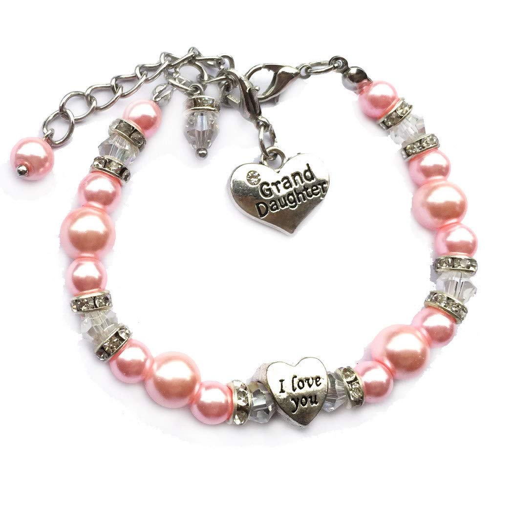 DOLON Graduated Pink Glass Pearls Facted Beads Rhinestone I Love You Charm Granddaugther Bracelet Jewelry Back to School Birthda
