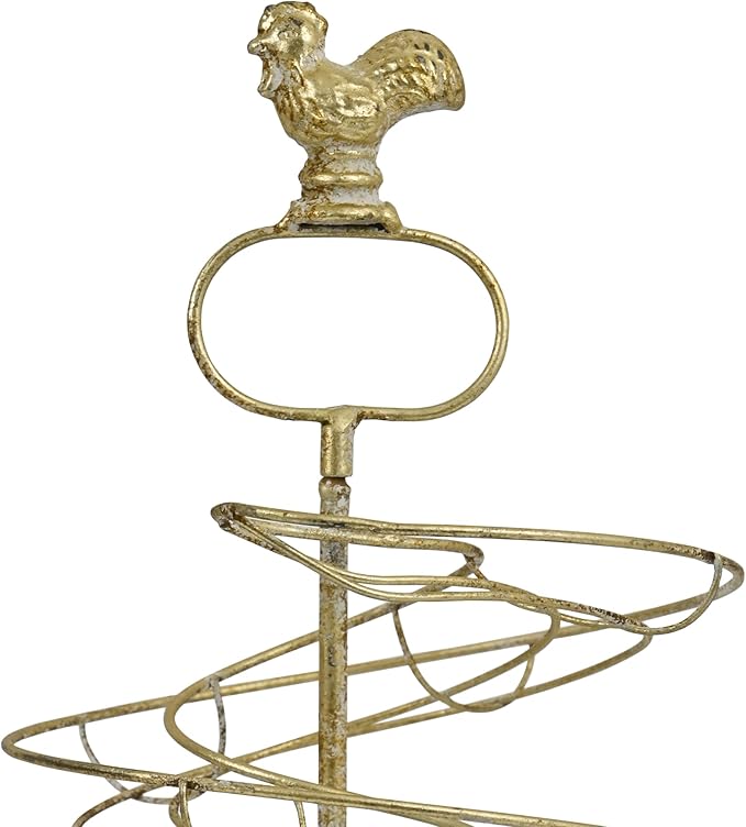 Vintage White Metal Spiral Egg Holder - Farmhouse Distressed Decor Egg Skelter Rack with Rooster Top, Storage Display Rack for Kitchen Countertop Decor (Gold)