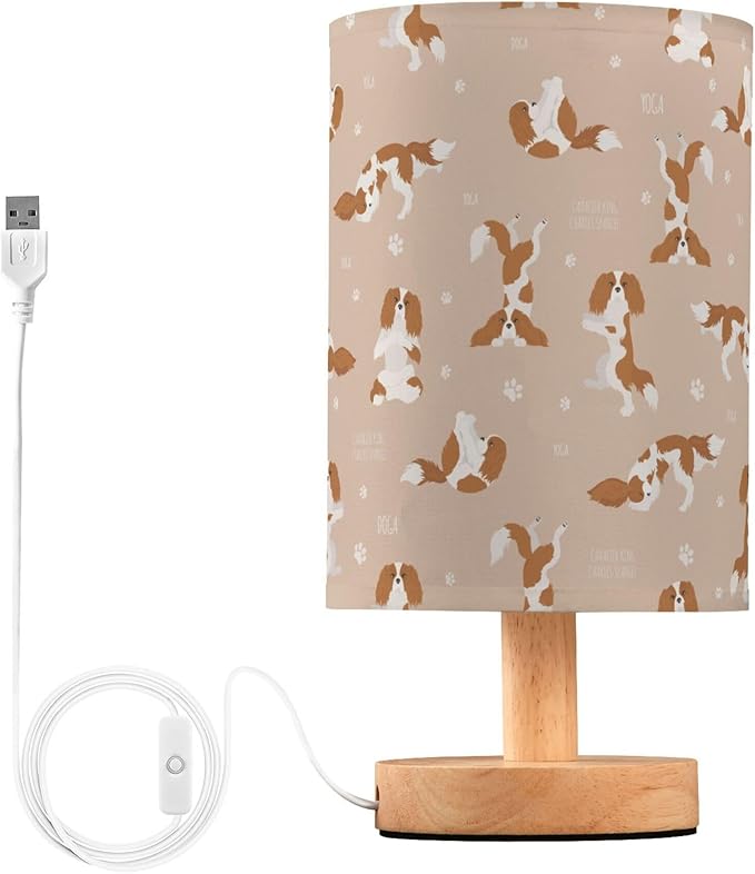 Table Lamp Yoga Cavalier King Charles Spaniel Dog Nightstand Lamp with Wood Base Fabric Lamp Shade Bedside Desk Lamp for Living Room Bedroom Kids Room Office