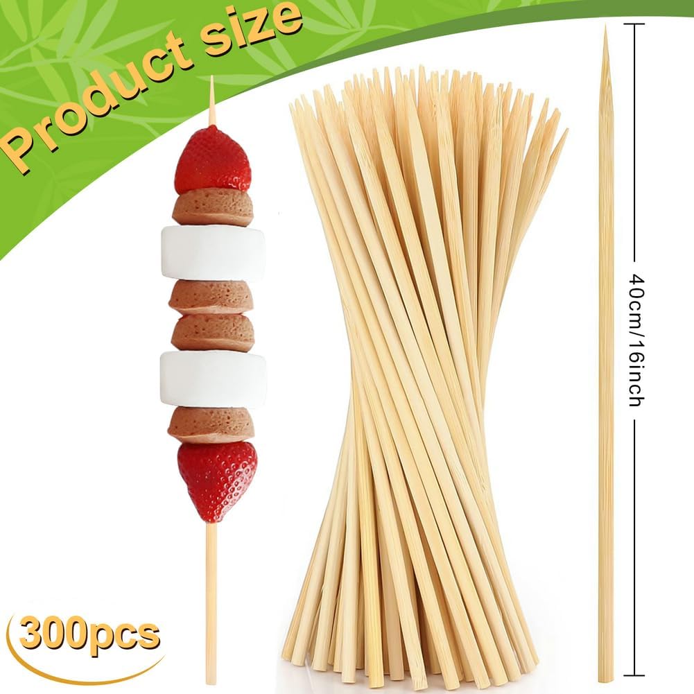 300 Pcs 16 inch Natural Bamboo Skewers, Φ=4mm, PEOUWNES Food Sticks for Appetiser, BBQ, Fruit，Cocktail, Grilling Kebabs, Bouquet, Chocolate Fountain, Corn Dog, Kitchen, Barbecue, Crafting and Party
