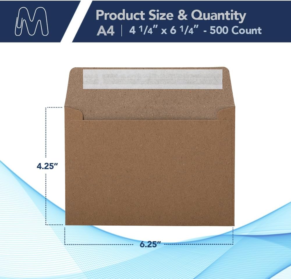 MOS A4 Kraft Envelopes 4.25 x 6.25 Inch 500 Pack — Brown Self-Seal Heavyweight Invitation Envelopes for Greeting Cards, Card Making, RSVP, Wedding Invitations, Business Mailings