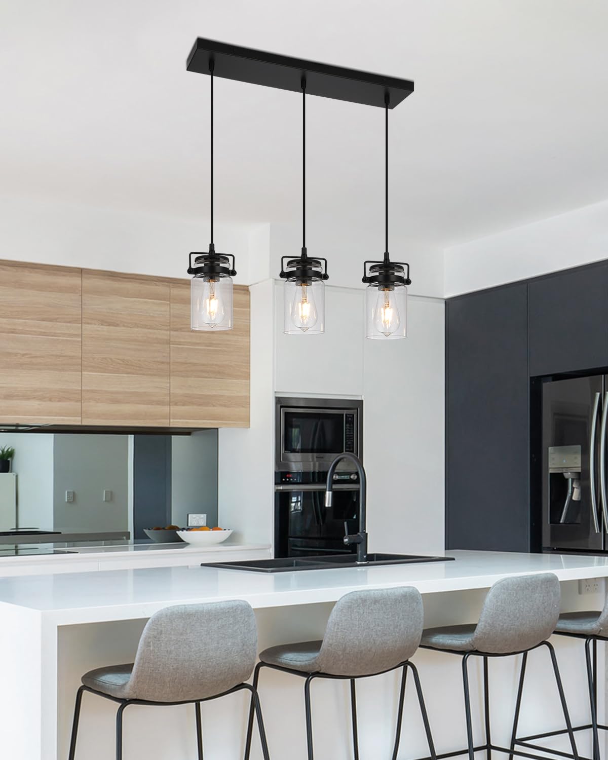 Foucasal Kitchen Pendant Lighting Over Island Pendant Lights With Seeded Glass Shade Black 3 Pendant Lighting Adjustable Farmhouse Ceiling Light For Kitchen Island Dining Room Bedroom Living Room