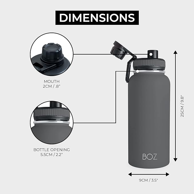 BOZ Stainless Steel Water Bottle - Vaccum Insulated Water Bottle 32 Oz - Wide Mouth BPA Free Sport Water Bottle for Gym with Spout Lid - Thermal Hot & Cold 1 Litre Gray Water Bottle