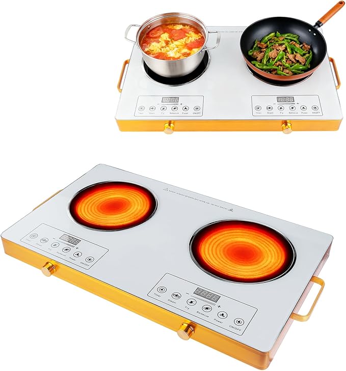 Double Burner Infrared Electric Cooktop, 3500W Ceramic Hot Plates for Countertop, 11 Power Levels 0-4H Timer, Portable Handle, LED Display, Portable Stove for Home RV Camping(White)