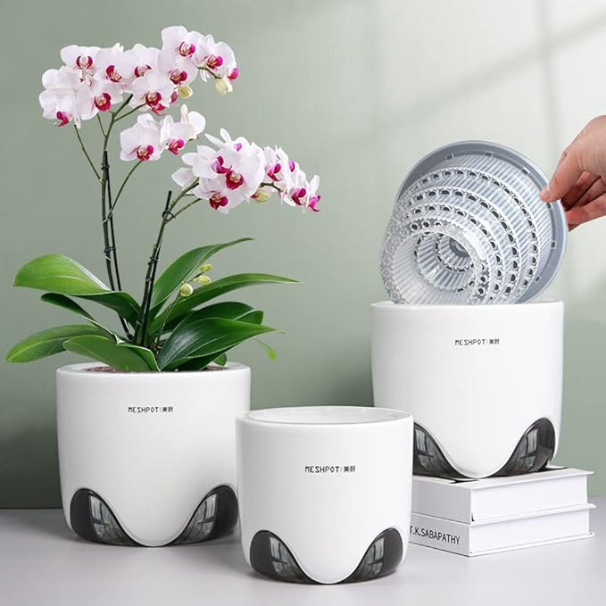 5 inch Orchid Pots with Holes for Repotting with Excellent Airflow, Set of 1, Double Layer Plastic Imitate Ceramic Orchid Planter, Clear Orchid Pot Match Decorative Orchid Container