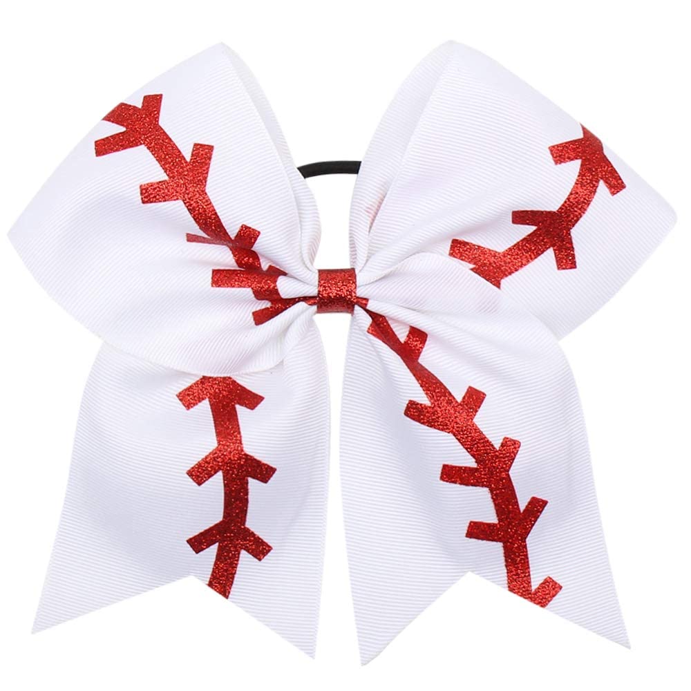 16PCS 8 Large Cheer Hair Bows Ponytail Holder Elastic Band Handmade for Cheerleading Teen Girls College Sports (Baseball White,