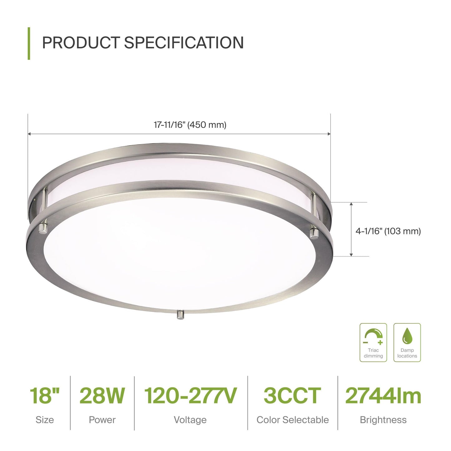 Asd Led 18 Inch Round Flush Mount Light Fixture | 28W 2750Lm 3000K-5000K 100-277V | 3Cct  Dimmable  Energy Star  Etl Listed | Close To Ceiling Double Ring Lamp  Low Profile Lighting | Nickel