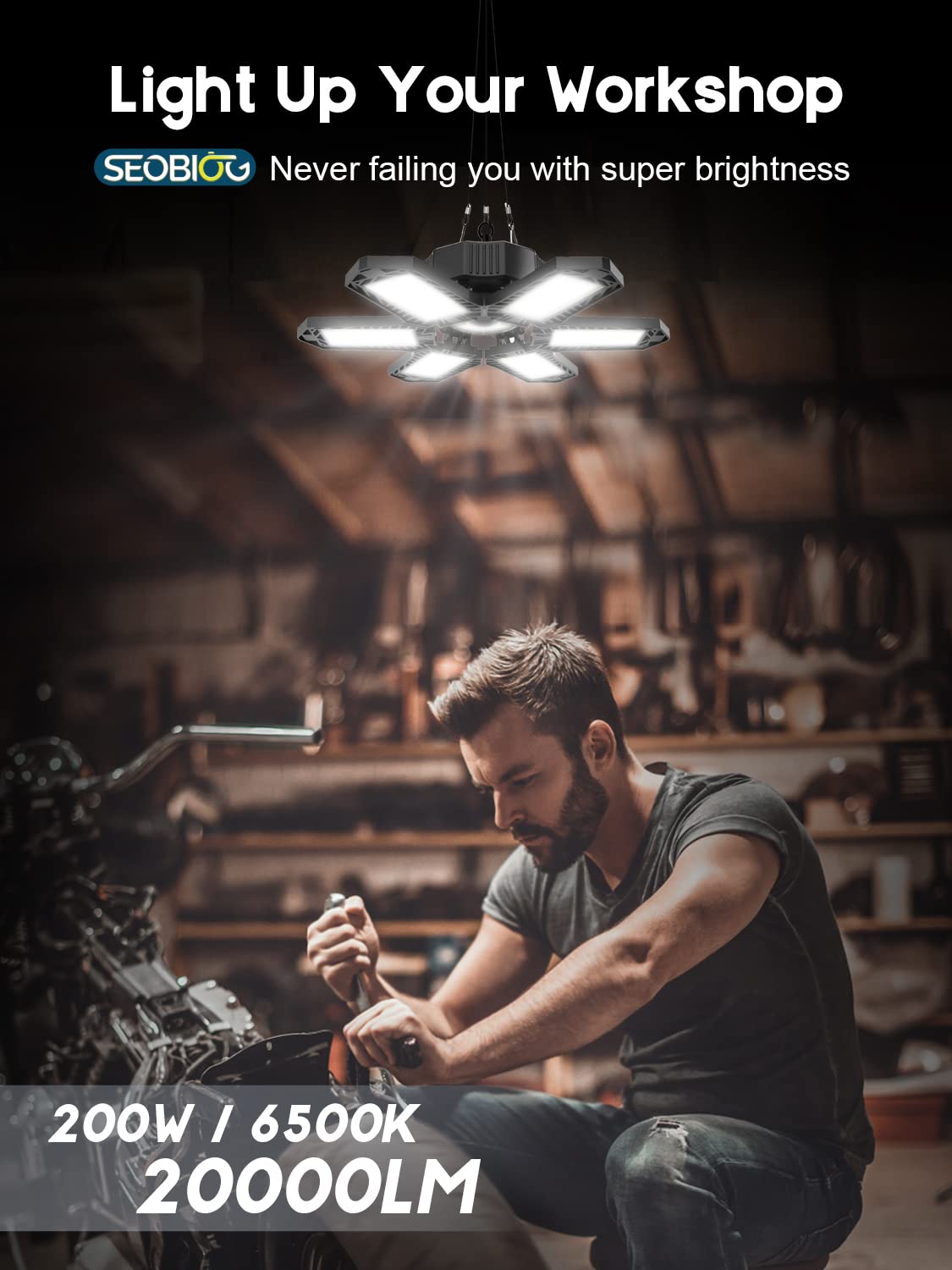 Seobiog 2 Pack Garage Light, 200W 20000Lm Led Ceiling Lights, 6500K, Deformable Panels, Black
